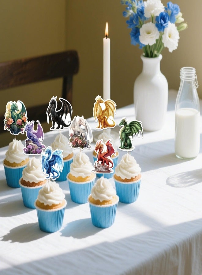 EoBeCy 40 Pcs Dragon Birthday Party Decorations, Fantasy Dragon Cupcake Toppers, Mystical Cupcake Picks for Birthday Parties and Events (8 Designs) - Image 5